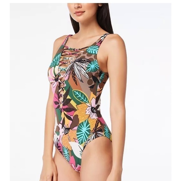 BLEU BY ROD BEATTIE  Lace-Up Over-the-Shoulder Swimsuit Jungle Book Floral 14 - Picture 6 of 15